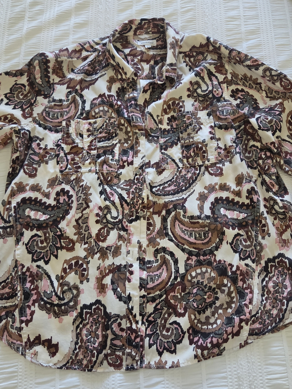 Women's Paisley Button-Up Shirt - Beige, Brown & Pink